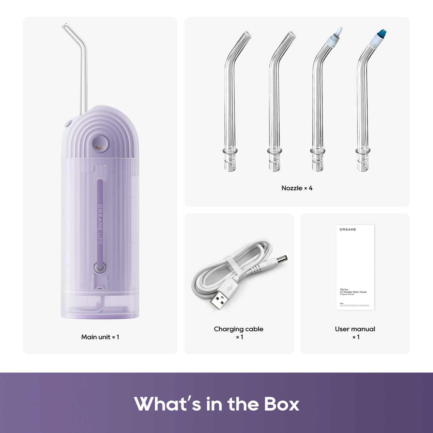 Dreame T02 Pro UV Portable Water Flosser Purple - What's in the Box