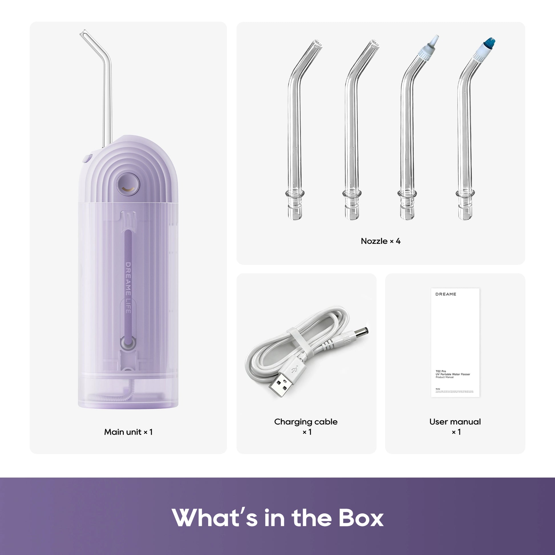 Dreame T02 Pro UV Portable Water Flosser Purple - What's in the Box