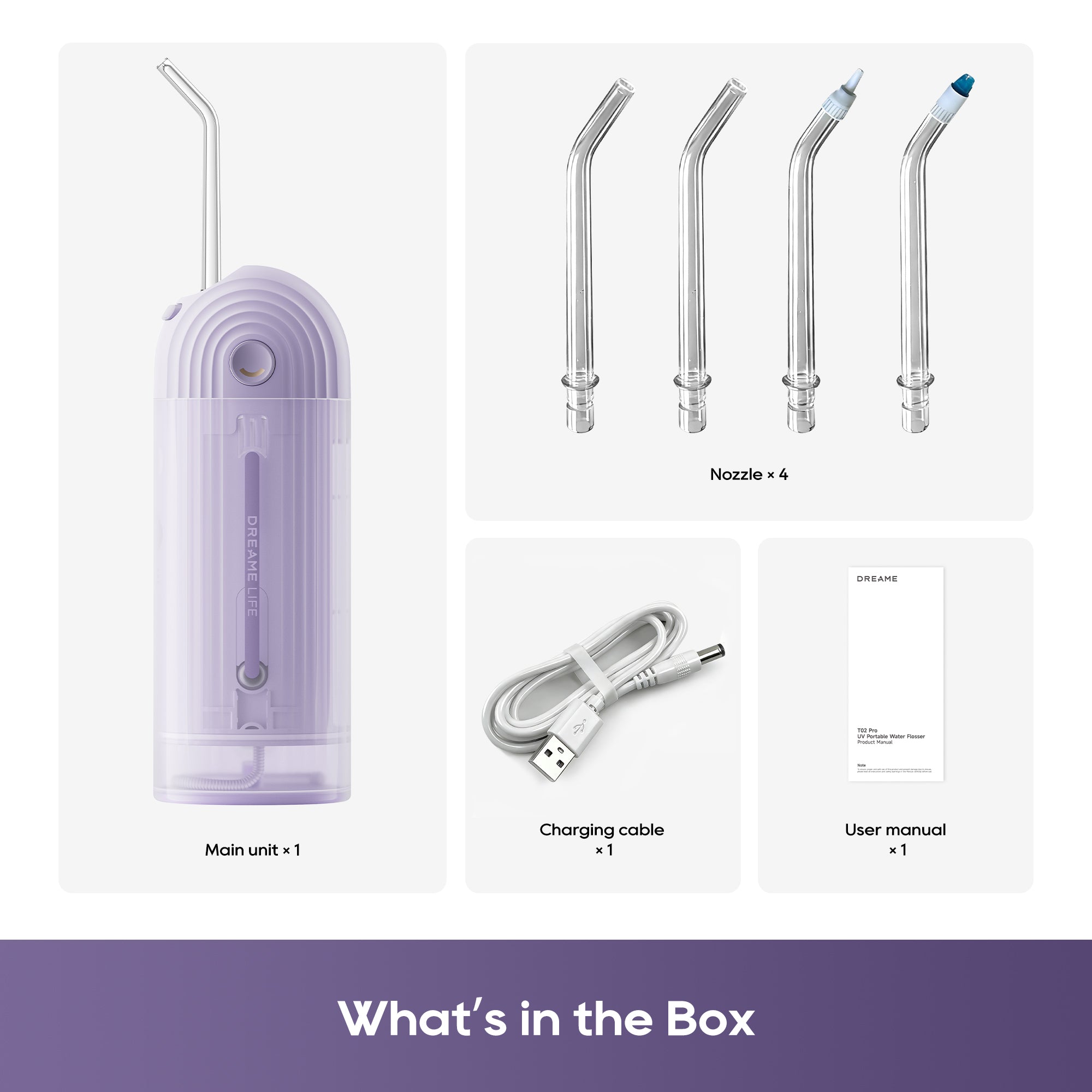 Dreame T02 Pro UV Portable Water Flosser Purple - What's in the box