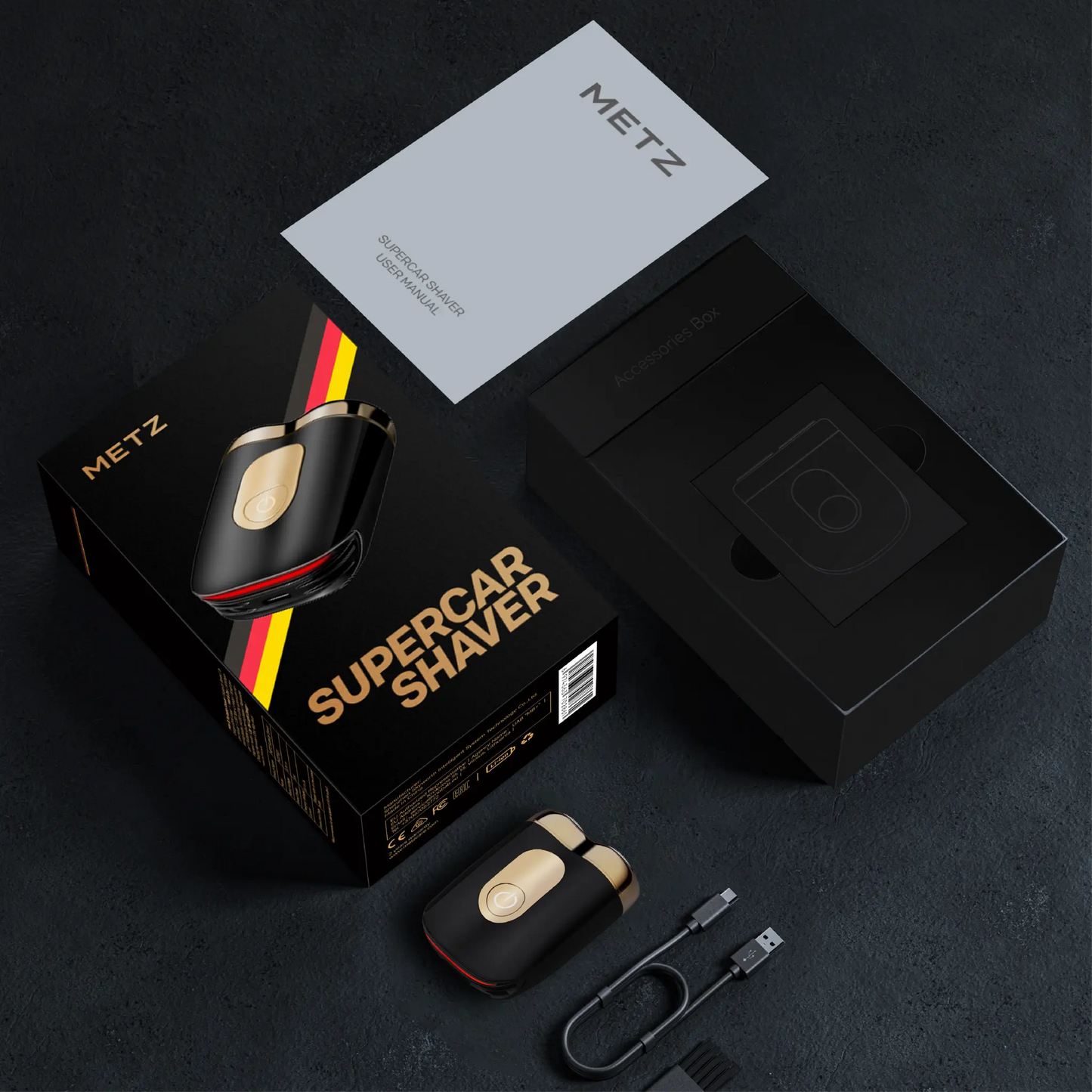 Metz Supercar Electric Shaver Packaging - Gloden Black
