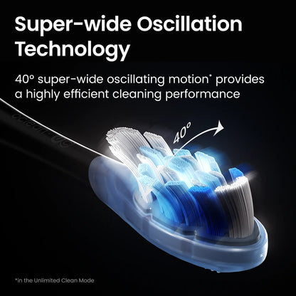 Oclean X Ultra 20 toothbrush with super-wide oscillation technology on a black background