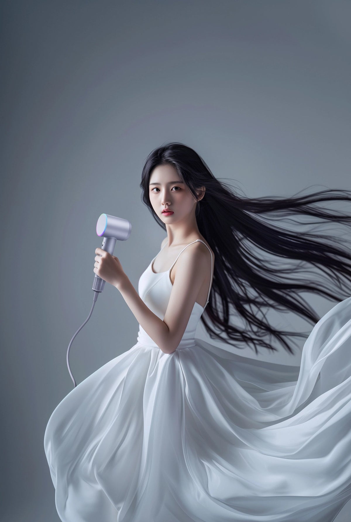 Woman in a white dress holding SkyWorth hair dryer against a gray background